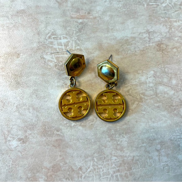 Authentic TORY BURCH • Circle Logo Dangle Drop Earrings - Picture 1 of 3